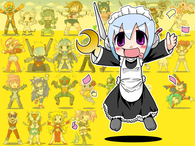 hoshino darts, bilbai, billbine, byakko (nijiura maids), crystal boy, fumimi, godman, guntank, hayai, kamen rider amazon, konton (nijiura maids), nena trinity, numbers (nanoha), piyomon, ranpha franboise, wendi (nanoha), 3ldkm, digimon, futaba channel, galaxy angel, go! godman, gundam, gundam 00, kamen rider, lyrical nanoha, mahou shoujo lyrical nanoha, mahou shoujo lyrical nanoha strikers, mobile suit gundam, nijiura maids, seisenshi dunbine, sonic (series), space adventure cobra, toho, 1980s (style), 00s, 4boys, 6+girls, blonde hair, blush, chibi, crossover, dam, digimon (creature), frills, gun, kaijin, maid, maid headdress, multiple boys, multiple girls, oldschool, personification, purple eyes, retro artstyle, seijin, weapon