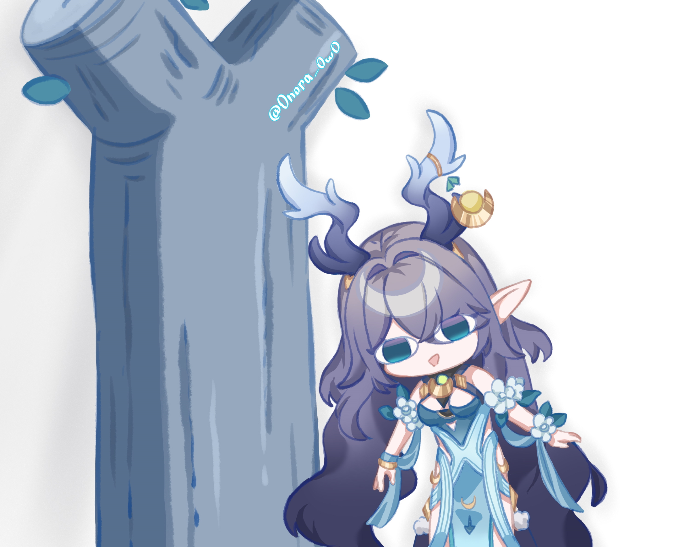 nora (usjf7752), lauma (genshin impact), genshin impact, shikanoko nokonoko koshitantan, commentary, english commentary, highres, 1girl, antler ornament, antlers, arms at sides, bare shoulders, blue dress, blue eyes, breasts, clothing cutout, cowboy shot, deer antlers, deer girl, dress, flower, gold, grey hair, hair intakes, hair over one eye, hip vent, horns, leaf, leaning to the side, long hair, looking at viewer, medium breasts, open mouth, pointy ears, scene reference, simple background, smile, solo, tree, twitter username, very long hair, white background, white flower