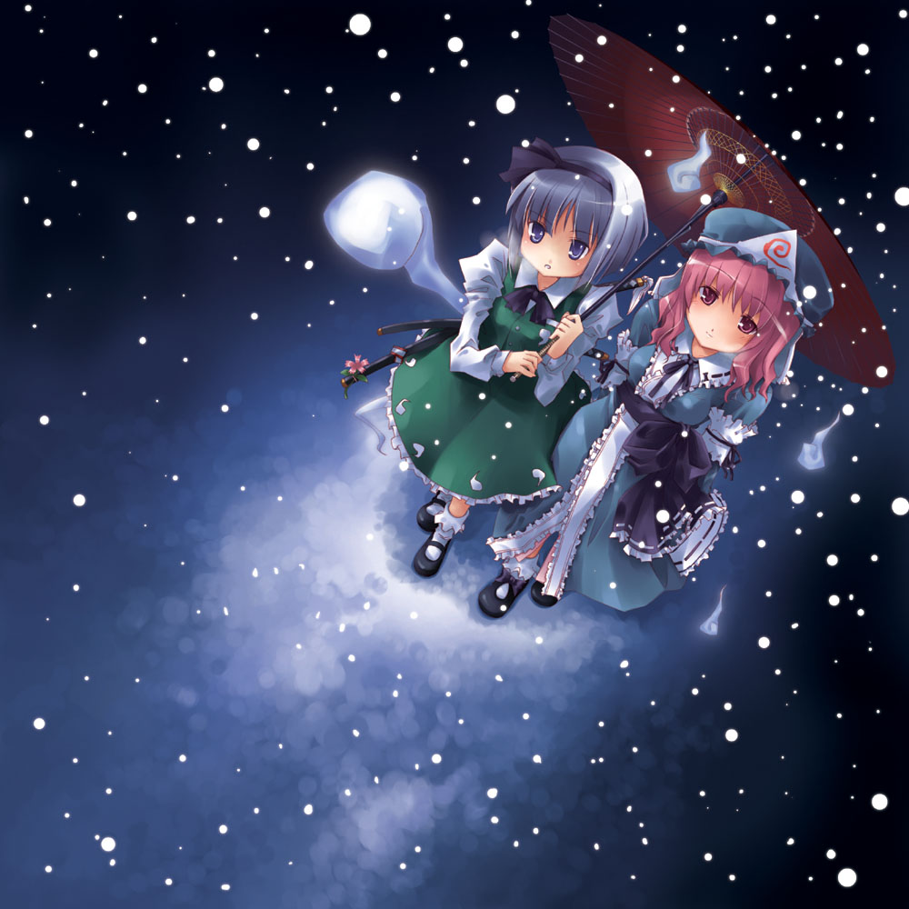 nagisa honoka, konpaku youmu, konpaku youmu (ghost), saigyouji yuyuko, touhou, 2girls, blue eyes, breath, female focus, from above, ghost, hitodama, japanese clothes, katana, kimono, multiple girls, oil-paper umbrella, pink hair, red eyes, ribbon, sheath, sheathed, short hair, snow, sword, umbrella, weapon, white hair