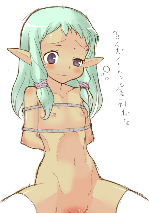 yoshida tairou, copyright request, translation request, 1girl, blush, elf, female focus, flat chest, green hair, loli, long hair, nipples, nude, pointy ears, purple eyes, rope, solo, tears, thighhighs