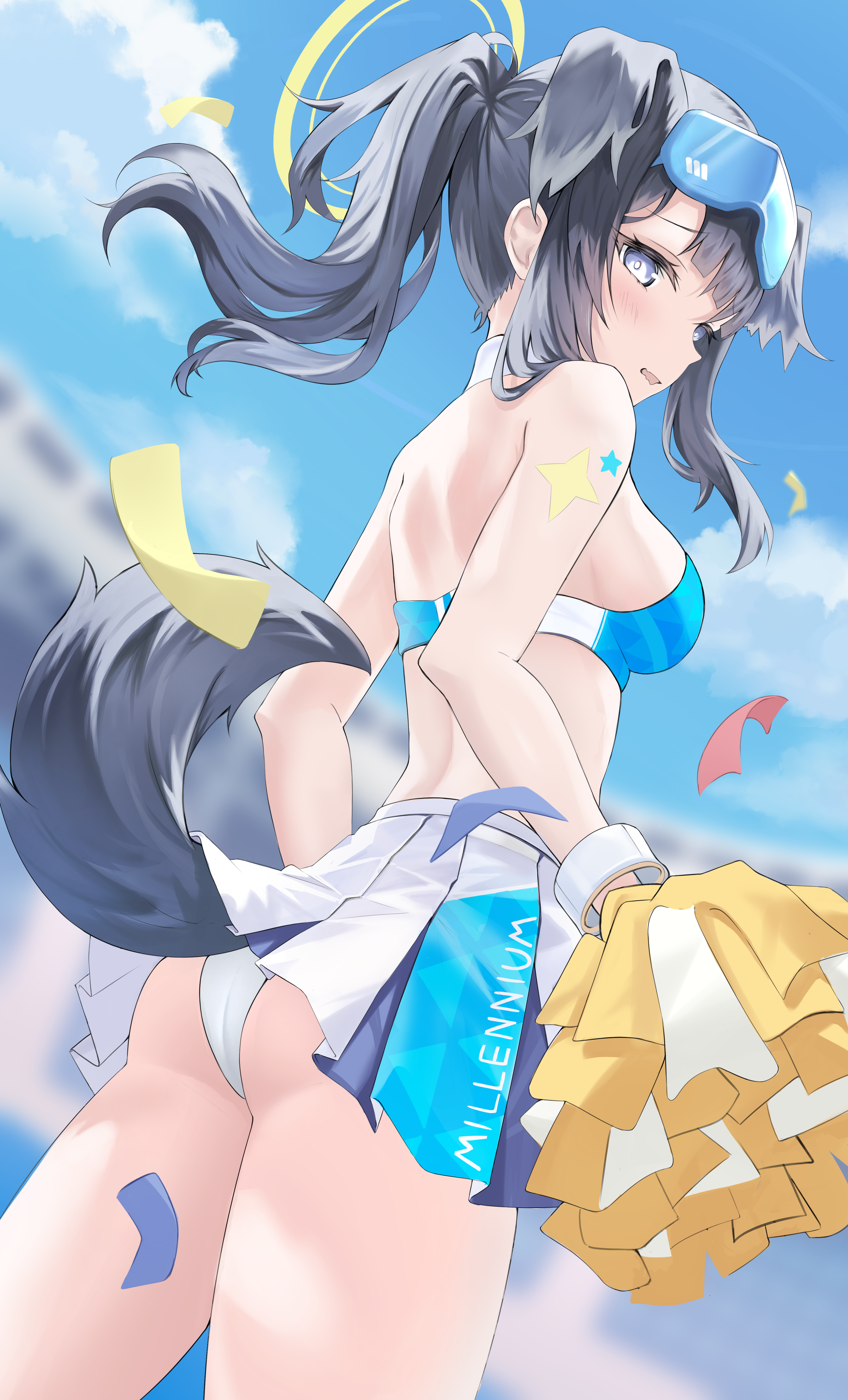 gyuu, hibiki (blue archive), hibiki (cheer squad) (blue archive), blue archive, absurdres, highres, 1girl, animal ears, ass, back, bare shoulders, black hair, blue eyes, blue sky, blunt bangs, blurry, blurry background, blush, breasts, bright pupils, clothes lift, cloud, confetti, cowboy shot, day, dog ears, dog girl, dog tail, dutch angle, embarrassed, extra ears, eyelashes, fang, floating hair, floppy ears, from behind, from below, furrowed brow, goggles, goggles on head, hair over shoulder, halo, holding, holding pom poms, large breasts, long hair, looking at viewer, millennium cheerleader outfit (blue archive), miniskirt, official alternate costume, official alternate hairstyle, open mouth, outdoors, panties, pantyshot, pleated skirt, pom pom (cheerleading), pom poms, ponytail, sidelocks, skin fang, skirt, skirt lift, sky, solo, sports bra, star (symbol), star sticker, sticker, sticker on arm, tail, tail raised, thighs, underwear, wavy mouth, white panties, white pupils, white skirt, white wrist cuffs, wrist cuffs, yellow halo