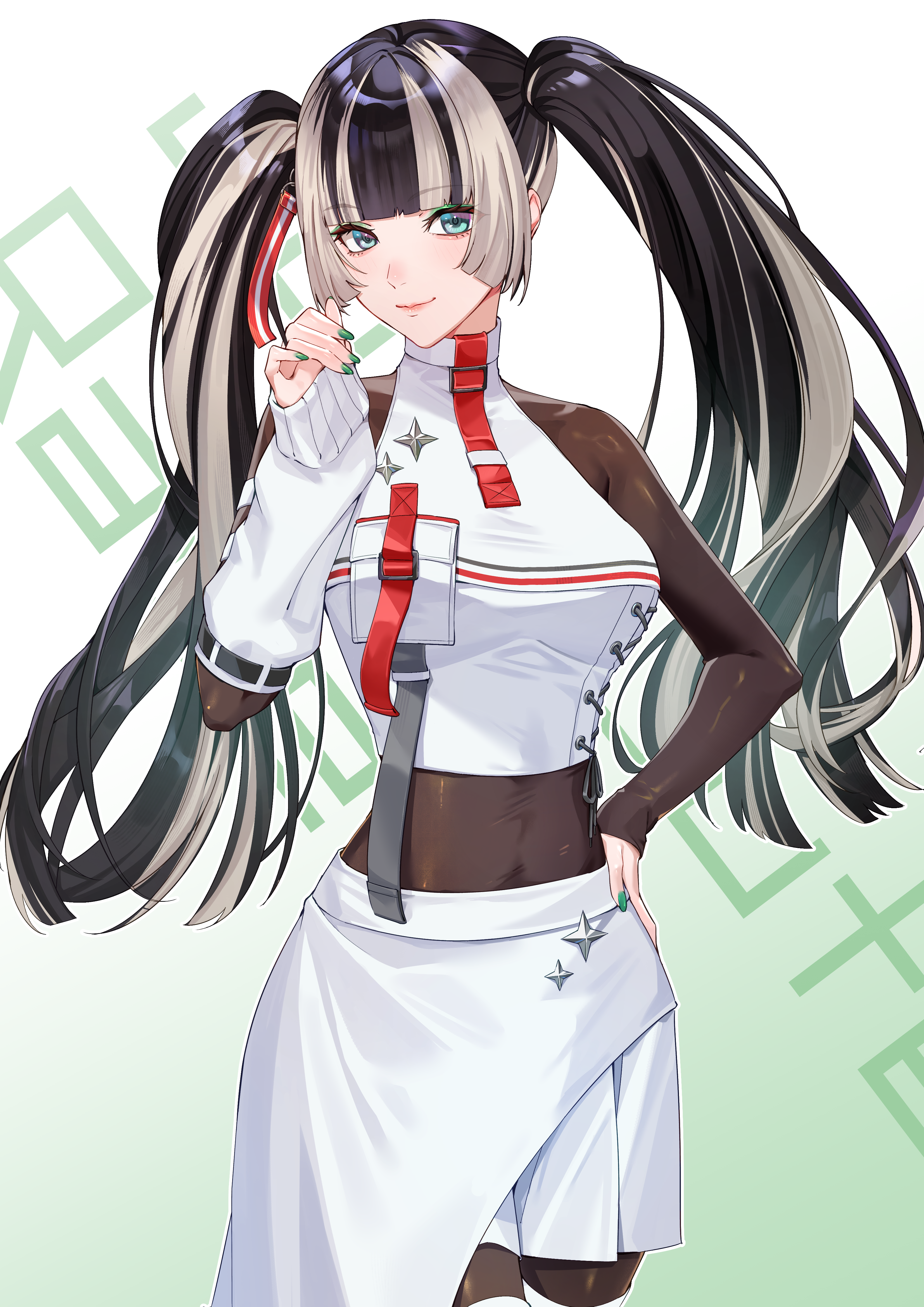nefula14, juufuutei raden, juufuutei raden (regloss uniform), hololive, hololive dev is, absurdres, commentary request, highres, 1girl, arm warmers, black hair, blue eyes, blunt bangs, bodystocking, breasts, grey hair, half-skirt, halter shirt, halterneck, hand on own hip, hand up, hime cut, large breasts, layered skirt, long hair, looking at viewer, miniskirt, multicolored hair, official alternate costume, official alternate hairstyle, pleated skirt, shirt, single arm warmer, skirt, smile, solo, straight hair, streaked hair, twintails, two-tone hair, virtual youtuber, white shirt, white skirt