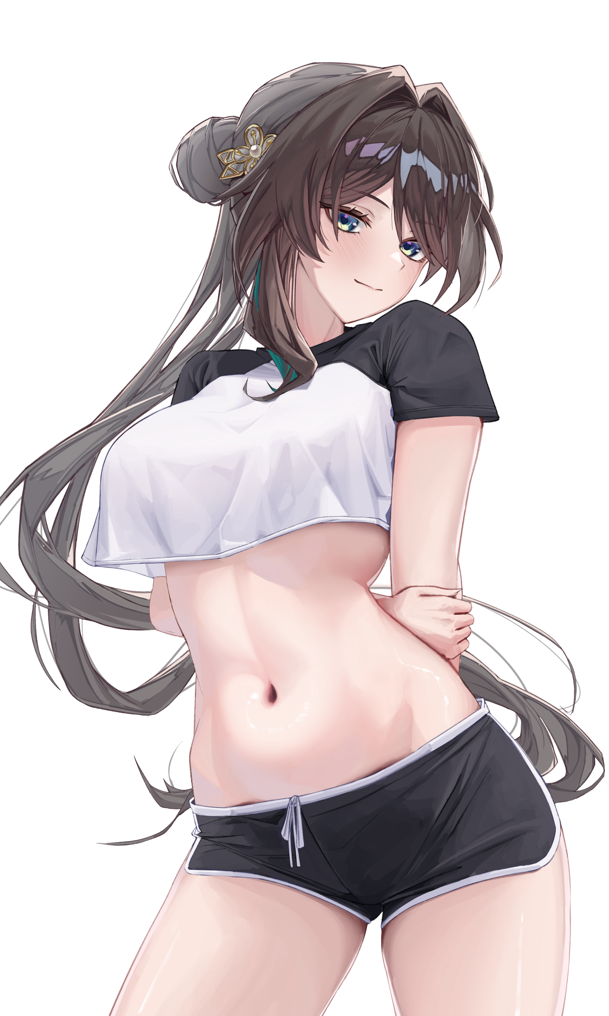 nyo2 ng, ruan mei (honkai: star rail), honkai: star rail, honkai (series), commentary, highres, 1girl, alternate costume, arm behind back, black shorts, breasts, brown hair, closed mouth, cowboy shot, crop top, cropped shirt, dolphin shorts, green eyes, hair bun, hair intakes, hair ornament, holding own arm, large breasts, light blush, long hair, looking at viewer, multicolored hair, navel, shirt, short sleeves, shorts, simple background, single hair bun, smile, solo, stomach, streaked hair, thighs, very long hair, white background, white shirt