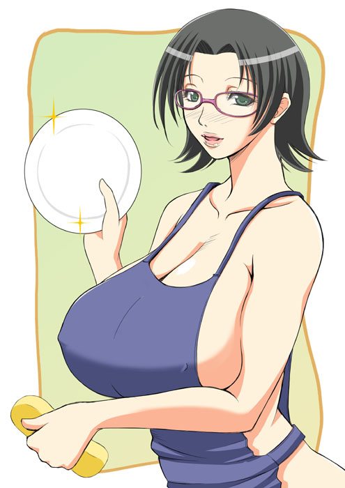 toguchi masaya, hikaru-san, kyukyutto, washing, 1girl, apron, black hair, blush, breasts, cleavage, covered erect nipples, female focus, glasses, green eyes, housewife, huge breasts, lips, mature female, naked apron, nipples, plate, short hair, solo, sparkle