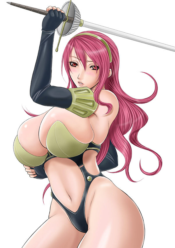 toguchi masaya, kirijou mitsuru, atlus, persona, persona 3, 1girl, armor, ass, blush, breast press, breasts, bursting breasts, curvy, elbow gloves, female focus, gloves, hairband, high-cut armor (persona), hip focus, huge breasts, large breasts, long hair, navel, pink hair, rapier, red eyes, solo, sword, thighs, weapon, wide hips