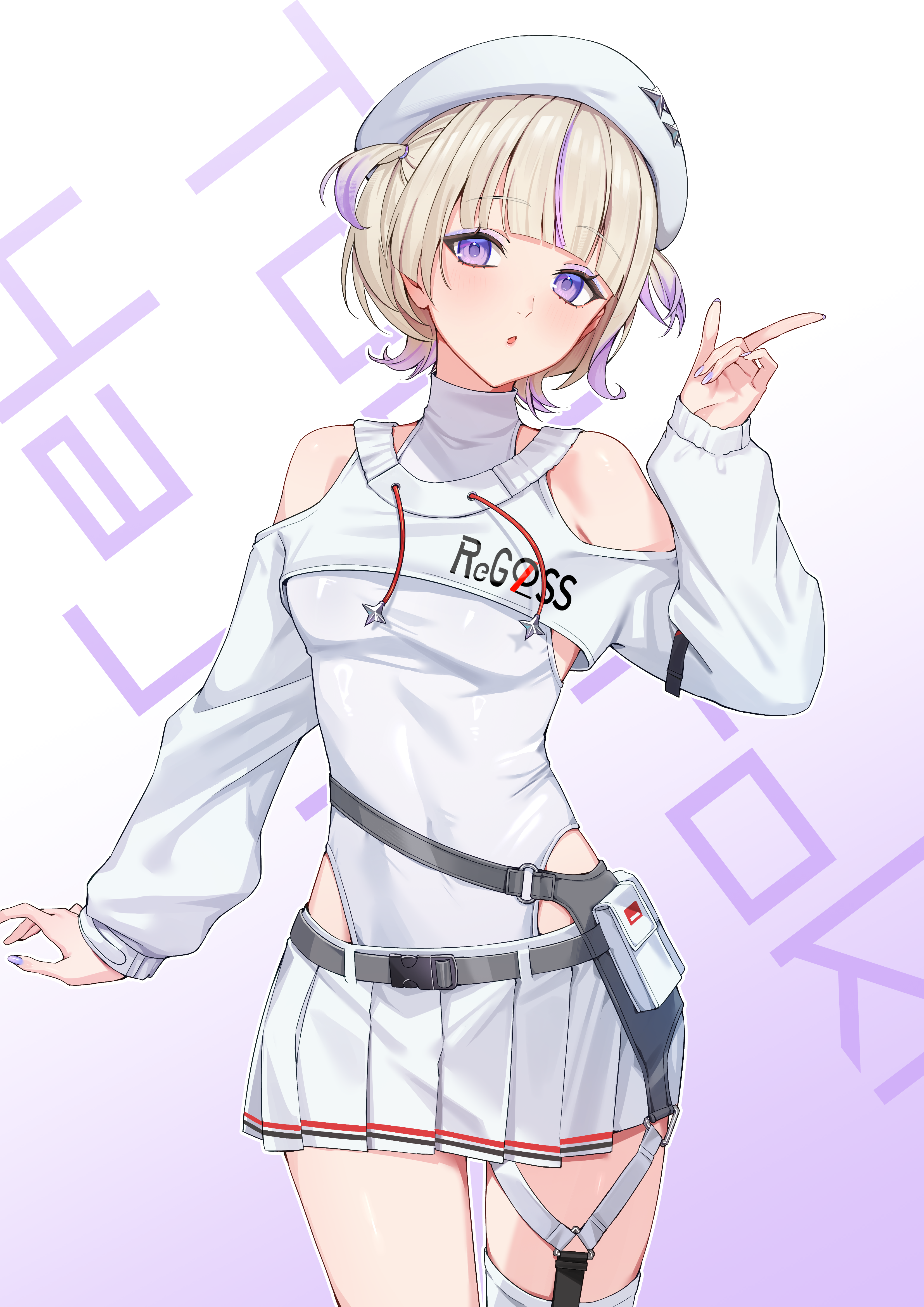 nefula14, todoroki hajime, todoroki hajime (regloss uniform), hololive, hololive dev is, absurdres, commentary request, highres, 1girl, beret, blonde hair, clothing cutout, cowboy shot, drawstring, garter straps, hand up, hat, leotard, leotard under clothes, long sleeves, looking at viewer, miniskirt, multicolored hair, official alternate costume, open mouth, pleated skirt, purple eyes, purple hair, short hair, shoulder cutout, shrug (clothing), single thighhigh, skirt, solo, streaked hair, thighhighs, two side up, virtual youtuber, white hat, white leotard, white shrug, white skirt, white thighhighs