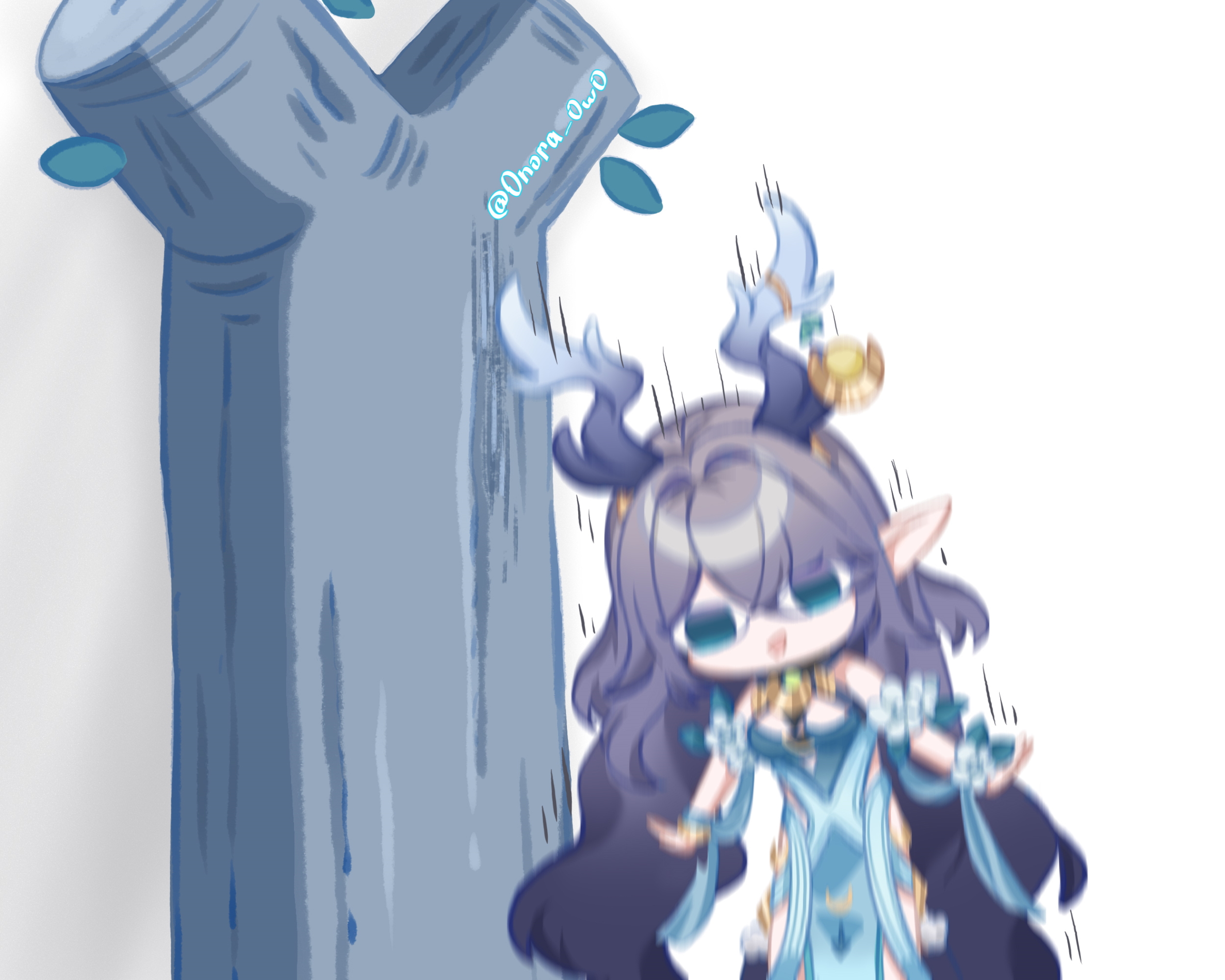 nora (usjf7752), lauma (genshin impact), genshin impact, shikanoko nokonoko koshitantan, commentary, english commentary, highres, 1girl, antler ornament, antlers, arms at sides, bare shoulders, blue dress, blue eyes, breasts, clothing cutout, cowboy shot, deer antlers, deer girl, dress, flower, gold, grey hair, hair intakes, hair over one eye, hip vent, horns, leaf, leaning to the side, long hair, looking at viewer, medium breasts, motion blur, motion lines, open mouth, pointy ears, scene reference, simple background, smile, solo, tree, trembling, twitter username, very long hair, white background, white flower