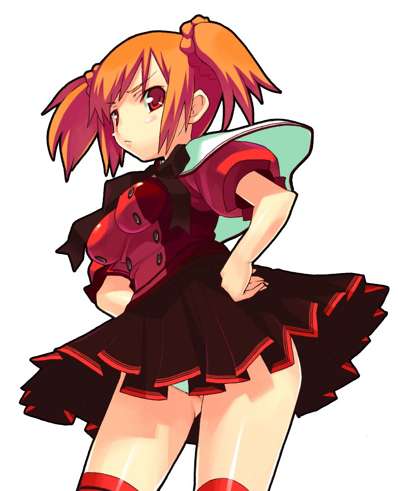 ryuuta, ryuuta (msxtr), black outline, brown hair, cowboy shot, orange hair, outline, panties, pantyshot, red eyes, ribbon, school uniform, serafuku, short hair, simple background, skirt, solo, thighhighs, twintails, underwear, white background