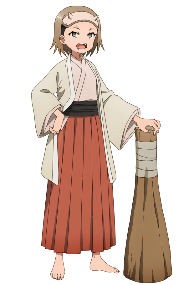 okuda yousuke, dokudami (kunoichi tsubaki no mune no uchi), kunoichi tsubaki no mune no uchi, official art, 1girl, anime coloring, black sash, breasts, brown eyes, brown hair, brown hakama, club (weapon), fake horns, fang, full body, grey haori, grey kimono, hakama, hakama skirt, holding, holding club, holding weapon, horns, japanese clothes, kimono, long skirt, long sleeves, looking at viewer, ninja, obi, open mouth, pleated skirt, sash, short hair, simple background, skirt, small breasts, solo, standing, tachi-e, transparent background, v-shaped eyebrows, weapon, wide sleeves