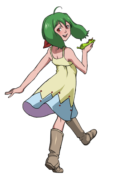 kyosu, ranka lee, macross, macross frontier, bad id, bad pixiv id, 00s, ahoge, back, boots, dress, green hair, looking back, red eyes, solo