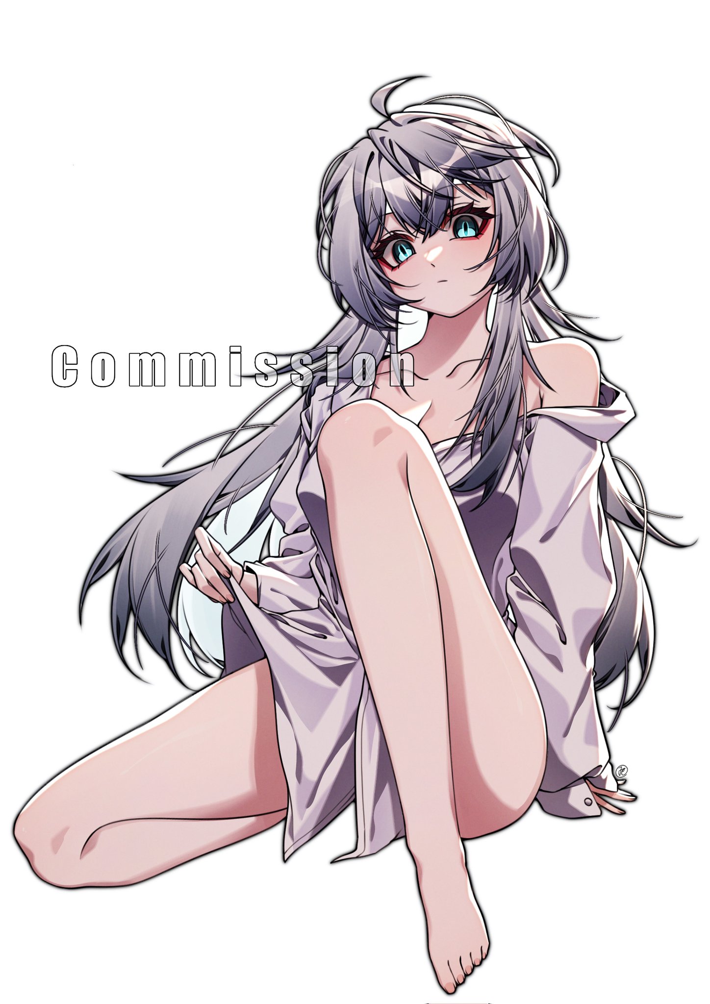 suillus, katja (black survival), black survival, eternal return: black survival, commission, highres, 1girl, bare legs, barefoot, green eyes, grey hair, long hair, shirt, simple background, single bare shoulder, solo, thighs, twintails, white background, white shirt