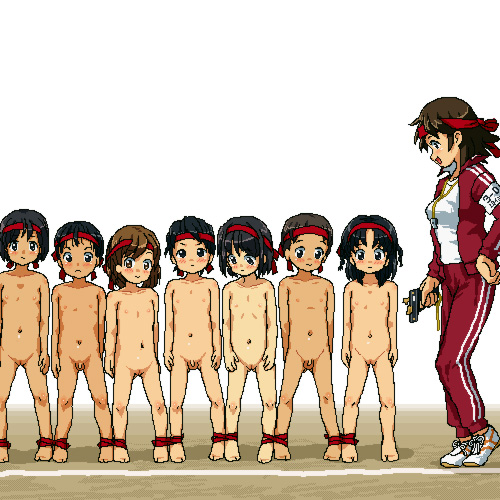 kasuga (kasuga39), original, bad id, bad pixiv id, lowres, 3boys, 5girls, barefoot, bdsm, blush, bondage, bound, cleft of venus, clothed female nude female, clothed female nude male, competition, feet, flat chest, gym uniform, headband, jaggy lines, loli, multiple boys, multiple girls, nipples, nude, nudist, outdoors, penis, public indecency, pussy, racing, shota, simple background, small penis, tan, teacher, toes, uncensored, white background, zenra