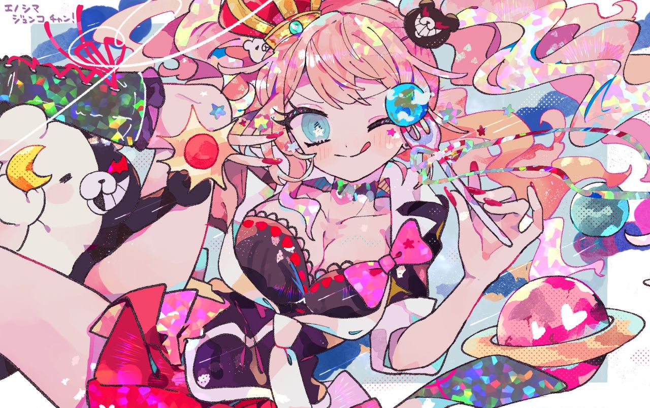 osshouri55, danganronpa (series), bad id, bad twitter id, character request, check copyright, copyright request, 1girl, aqua eyes, black jacket, blonde hair, blush, bow, breasts, closed mouth, collarbone, collared jacket, crown, facial mark, feet out of frame, fork, hair between eyes, hair ornament, hairclip, holding, holding fork, jacket, long hair, looking at viewer, one eye closed, pink bow, red nails, red skirt, skirt, smile, solo, star-shaped pupils, star (symbol), symbol-shaped pupils, tongue, twintails
