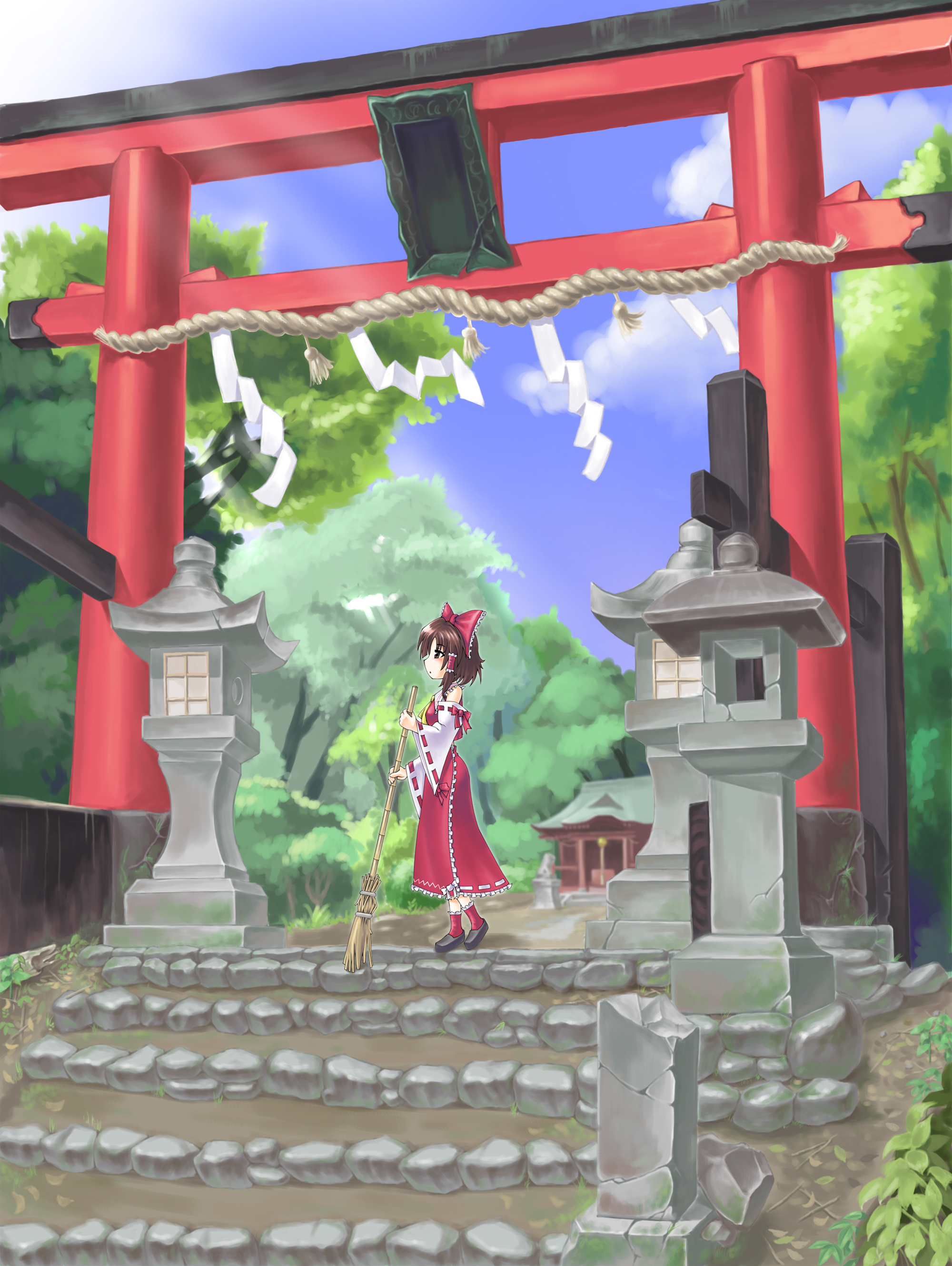 take out (artist), takeoutservice, hakurei reimu, touhou, absurdres, highres, 1girl, broom, cloud, day, female focus, japanese clothes, miko, ribbon, rope, shide, shimenawa, shrine, shrine bell, sky, solo, stone lantern, temple, torii, tree