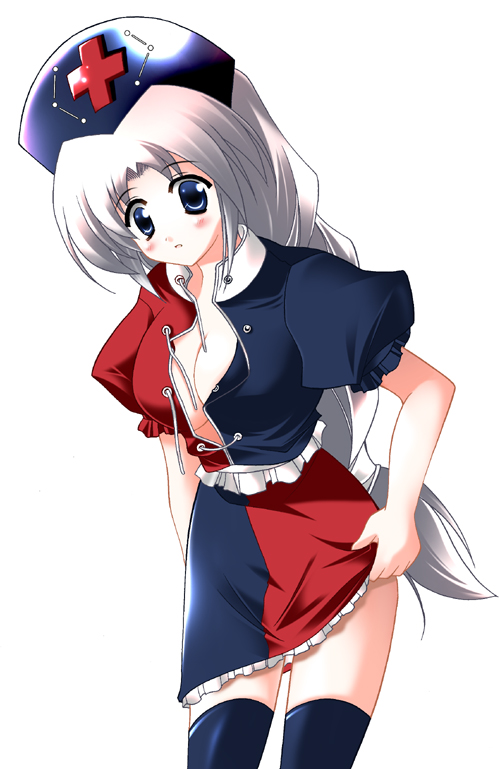 usuusu, yutaka, yagokoro eirin, touhou, 1girl, blue eyes, braid, breasts, female focus, hat, long hair, nurse, nurse cap, open clothes, open shirt, shirt, simple background, skirt, solo, thighhighs, white background, white hair