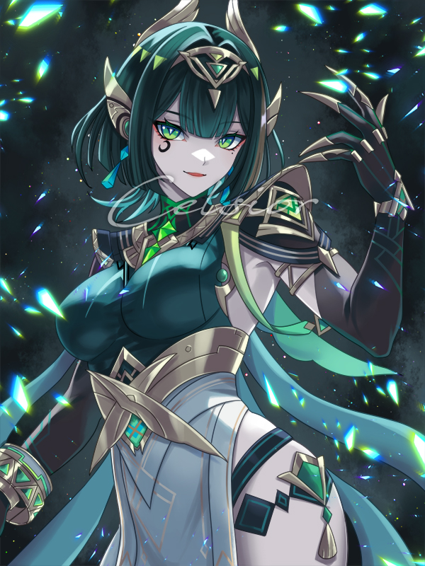 cinquecento, nefer (genshin impact), genshin impact, check clothing, clothing request, commentary request, 1girl, breasts, bright pupils, clawed gauntlets, cowboy shot, dress, facial mark, green dress, green eyes, green hair, hand up, headgear, looking at viewer, mark under eye, medium breasts, mole, mole under eye, parted lips, short hair, signature, smile, solo, thighs, white pupils