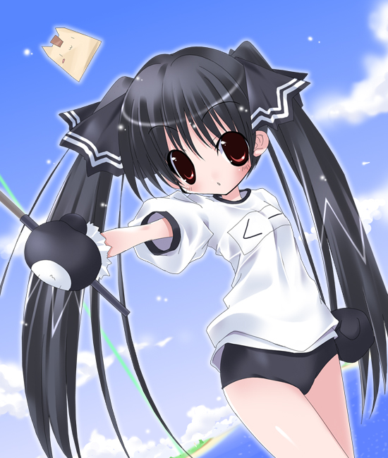 paco, kooh (pangya), pangya, 1girl, black hair, bow, cloud, day, female focus, gloves, gym uniform, long hair, red eyes, sky, solo, twintails