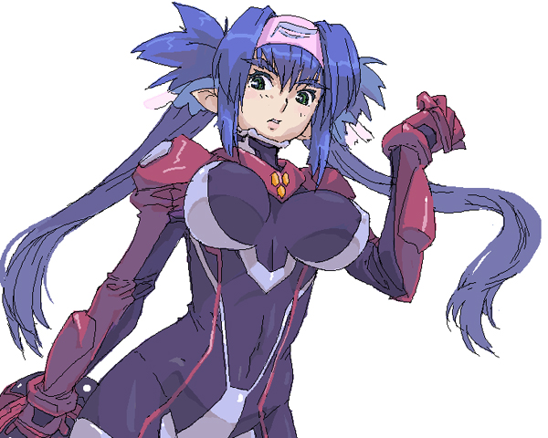 koma (qqq111), klan klein, macross, macross frontier, bad id, bad pixiv id, 00s, 1girl, blue hair, bodysuit, breasts, covered erect nipples, female focus, green eyes, headband, large breasts, long hair, pointy ears, purple bodysuit, solo, twintails