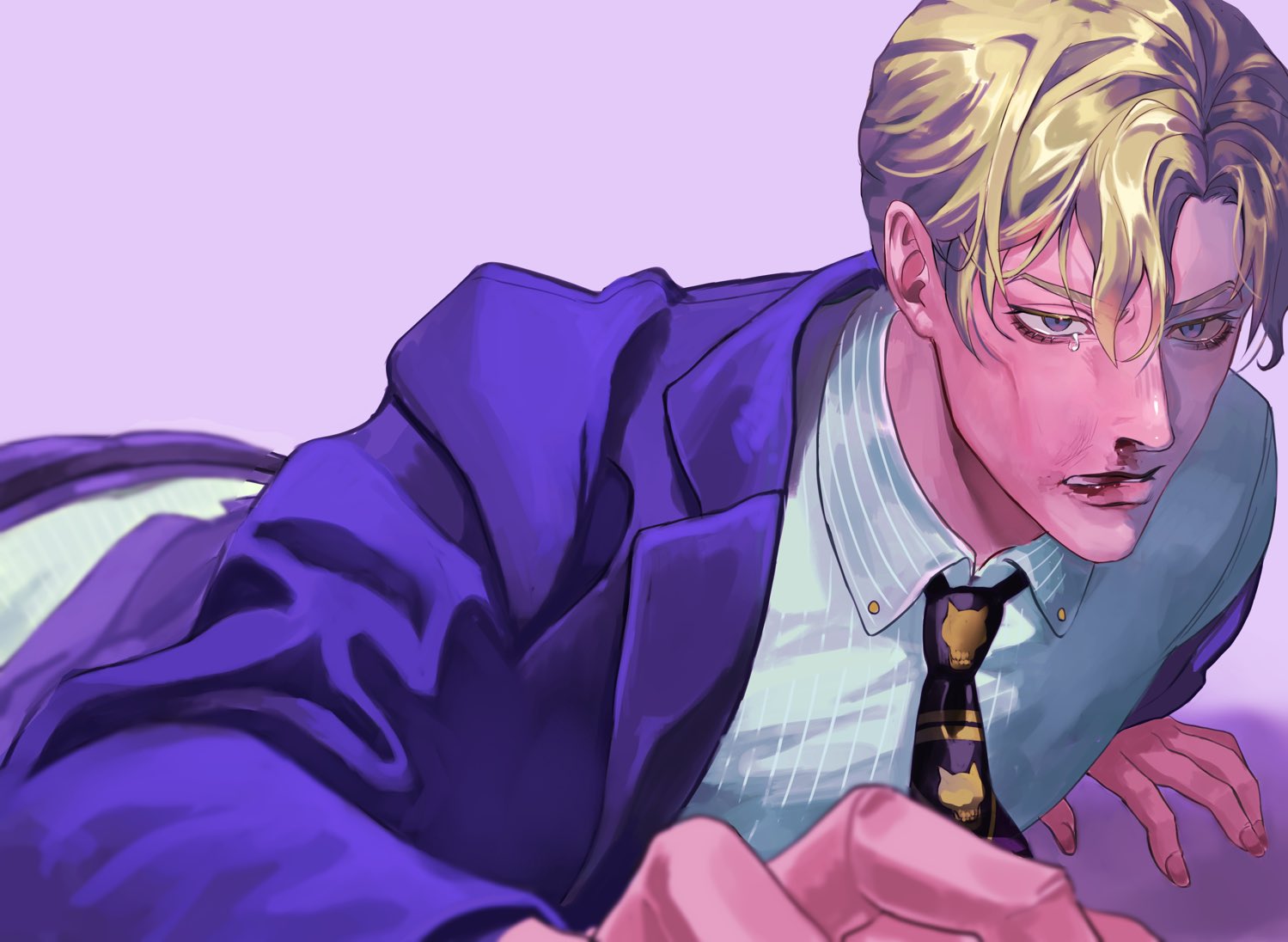 kira yoshikage, diamond wa kudakenai, jojo no kimyou na bouken, 1boy, animal print, black necktie, blonde hair, blood, blue eyes, cat print, cheekbones, collared shirt, formal clothes, green shirt, jacket, long sleeves, looking at viewer, lying, male focus, necktie, nosebleed, on stomach, pants, pinstripe pattern, pinstripe shirt, purple jacket, purple pants, rr9pt76u5phwgqx, shirt, short hair, solo, striped clothes, striped shirt, suit