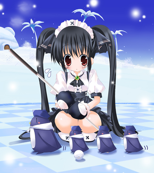 kooh (pangya), pangya, bird, chibi, maid, penguin, solo, twintails