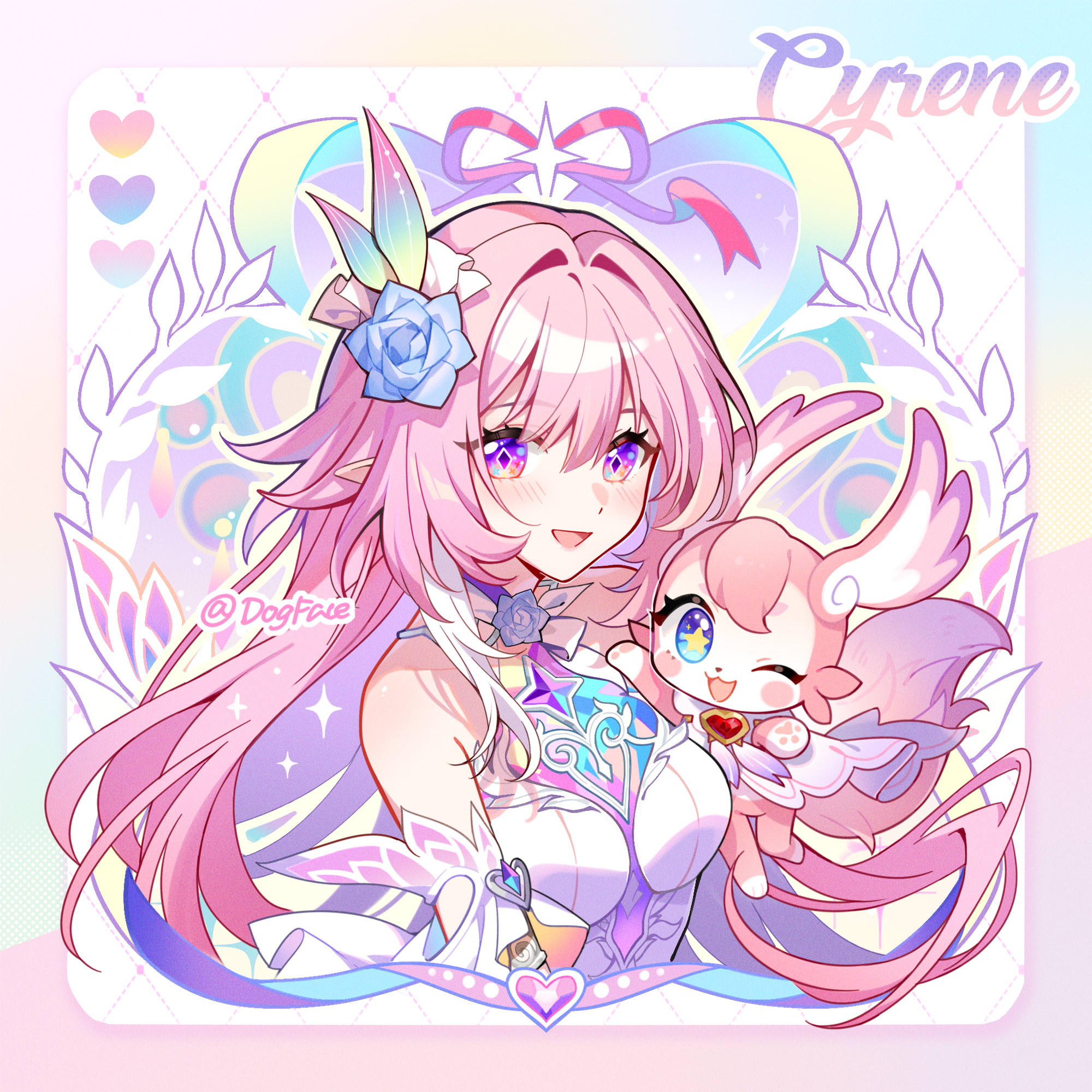 gou lianlian dogface, cyrene (honkai: star rail), mem (honkai: star rail), honkai: star rail, honkai (series), chinese commentary, commentary request, highres, 1girl, artist name, bare shoulders, blue flower, blush, breasts, character name, diamond-shaped pupils, diamond (shape), dual persona, flower, hair flower, hair ornament, long hair, looking at viewer, medium breasts, open mouth, pink hair, pointy ears, purple eyes, sidelocks, smile, symbol-shaped pupils, twitter username