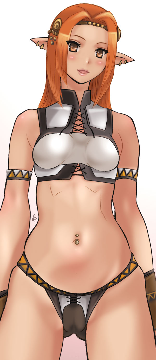 cloritin, elvaan, ulmia, final fantasy, final fantasy xi, highres, 00s, 1girl, brown eyes, circlet, clitoris piercing, earrings, elf, female focus, gradient background, jewelry, long hair, midriff, navel, navel piercing, orange hair, panties, piercing, pointy ears, pussy piercing, solo, thigh gap, thighs, underwear