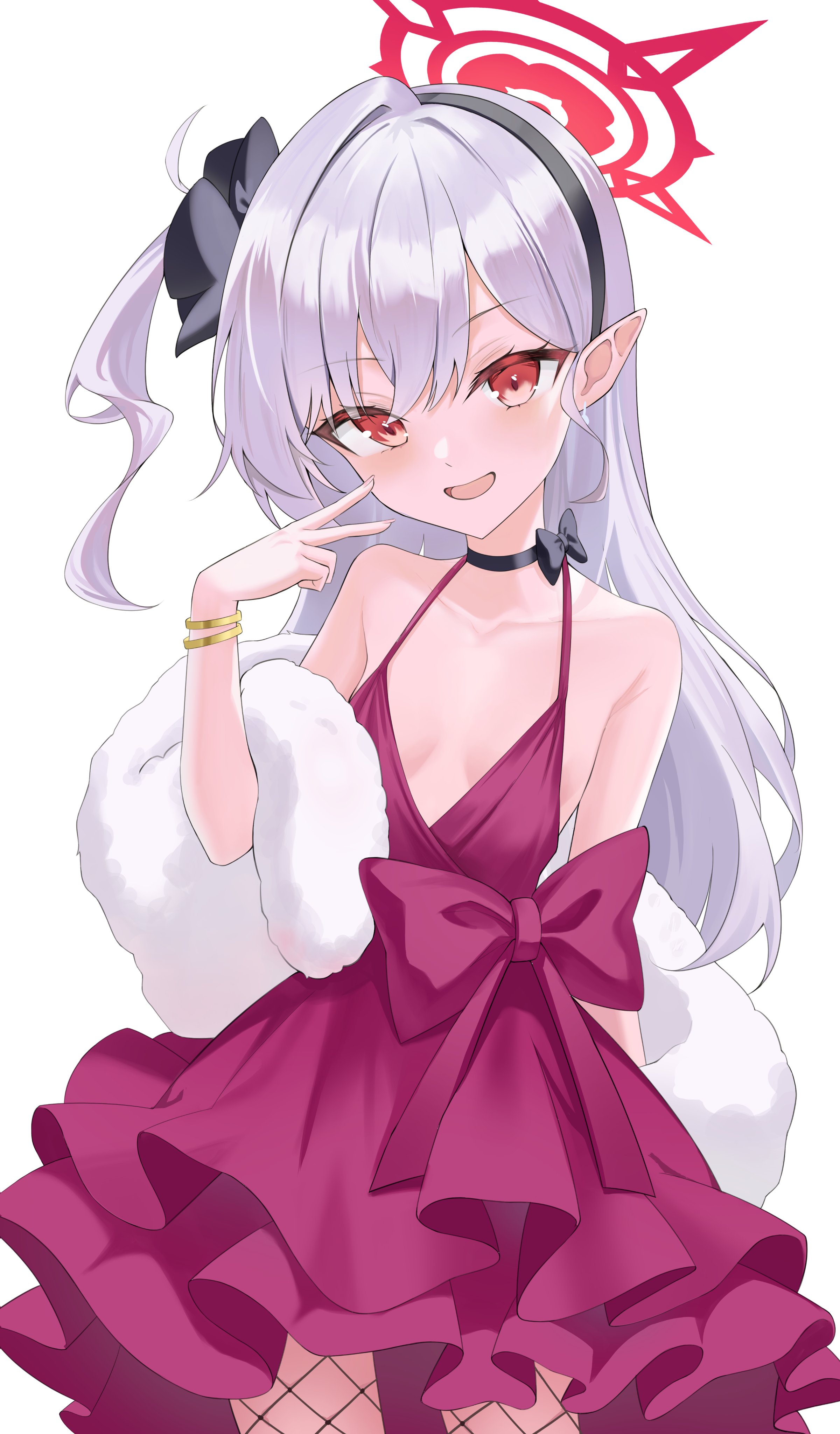 gyuu, mutsuki (blue archive), mutsuki (dress) (blue archive), blue archive, absurdres, commentary, highres, 1girl, :d, armpit crease, bare shoulders, black bow, black choker, black hairband, blush, bow, bow choker, bracelet, breasts, breasts apart, choker, cowboy shot, dress, dress bow, eyelashes, fishnet pantyhose, fishnets, fur shawl, grey hair, hair between eyes, hairband, halo, halterneck, hand up, happy, jewelry, long hair, looking at viewer, official alternate costume, official alternate hairstyle, one side up, open mouth, pantyhose, pointy ears, red bow, red dress, red eyes, red halo, shawl, sidelocks, simple background, single hair intake, sleeveless, sleeveless dress, small breasts, smile, solo, tsurime, v, very long hair, white background