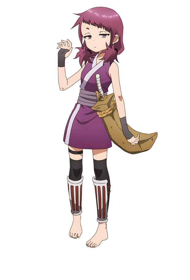 okuda yousuke, shakuyaku (kunoichi tsubaki no mune no uchi), kunoichi tsubaki no mune no uchi, official art, 1girl, anime coloring, black gloves, black thighhighs, blush, bokken, breasts, closed mouth, fingerless gloves, full body, gloves, grey eyes, hand up, holding, holding weapon, japanese clothes, jitome, kimono, looking at viewer, low twintails, medium breasts, medium hair, ninja, obi, open hand, purple eyes, purple kimono, sash, shin guards, short eyebrows, short kimono, sidelocks, simple background, sleeveless, sleeveless kimono, solo, standing, sword, tachi-e, thigh strap, thighhighs, transparent background, twintails, weapon, wooden sword