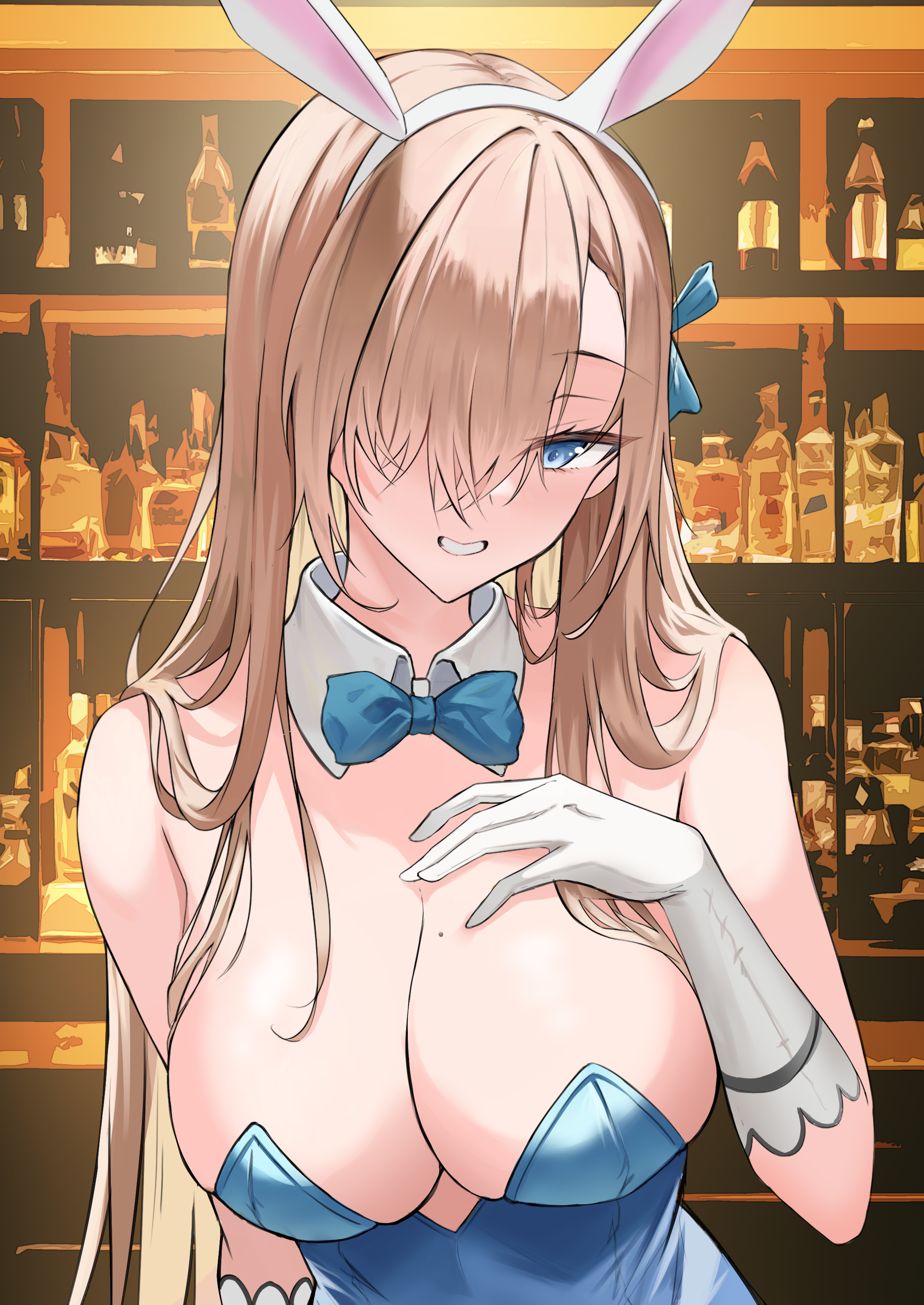 gyuu, asuna (blue archive), asuna (bunny) (blue archive), blue archive, absurdres, highres, 1girl, ||/, animal ear hairband, animal ears, arm at side, bar (place), bare shoulders, blue bow, blue bowtie, blue eyes, blue leotard, blush, bow, bowtie, breast suppress, breasts, brown hair, cleavage, detached collar, eyelashes, fake animal ears, gloves, grin, hair bow, hair over one eye, hair over shoulder, hairband, hand up, huge breasts, indoors, leotard, long bangs, long hair, looking at viewer, mole, mole on breast, official alternate costume, one eye covered, playboy bunny, rabbit ears, smile, solo, straight hair, strapless, strapless leotard, tsurime, upper body, very long hair, white gloves, white hairband