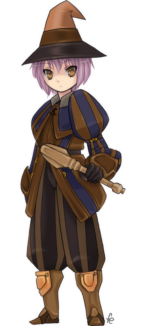 cloritin, black mage (final fantasy), nagato yuki, final fantasy, final fantasy xi, suzumiya haruhi no yuuutsu, highres, 1girl, brown eyes, cosplay, female focus, full body, hat, pink hair, short hair, simple background, solo, wand