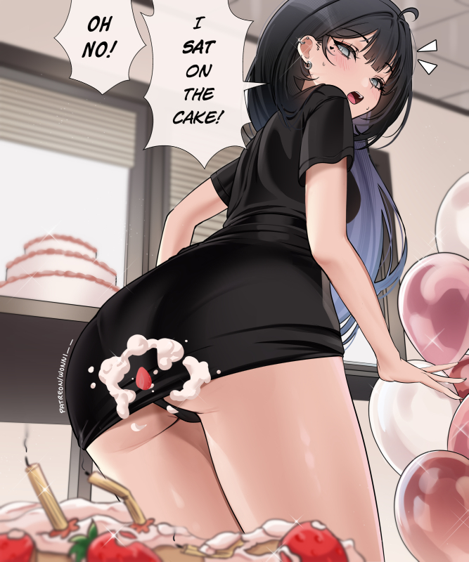 wonnikon, original, 1girl, ahoge, balloon, black panties, black shirt, cake, candle, colored inner hair, earrings, english text, eyelashes, facial mark, food, fruit, grey eyes, grey hair, heart, heart facial mark, icing, jewelry, long hair, looking back, multicolored hair, open mouth, panties, patreon username, shirt, solo, speech bubble, strawberry, sweat, underwear