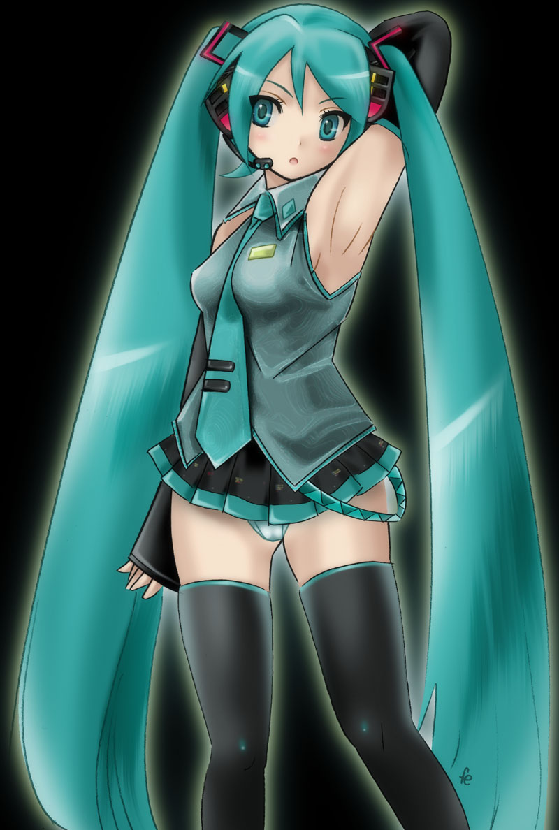 cloritin, hatsune miku, vocaloid, armpits, blue eyes, blue hair, detached sleeves, long hair, necktie, panties, pantyshot, skirt, solo, thighhighs, twintails, underwear