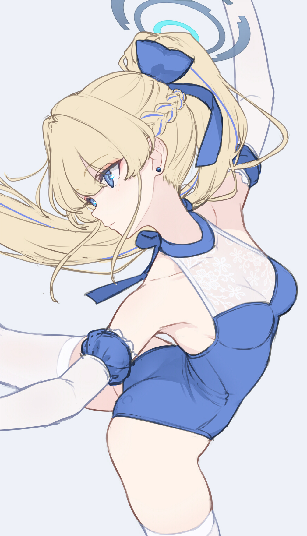 dan (kumadan), toki (blue archive), blue archive, highres, 1girl, alternate costume, alternate hairstyle, ass, ballerina, blonde hair, blue eyes, blue leotard, blue ribbon, breasts, cleavage, collarbone, elbow gloves, gloves, halo, heattech leotard, leotard, long hair, looking to the side, ribbon, skindentation, small breasts, solo, standing, thighhighs, turtleneck, very long hair, white gloves, white thighhighs