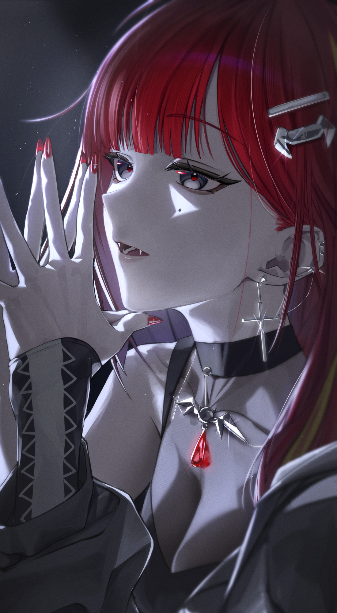 nyo2 ng, akane lize, stellive, commentary, highres, 1girl, black choker, black eyes, breasts, choker, cleavage, collarbone, cross, cross earrings, ear piercing, earrings, fangs, fingernails, hair ornament, jewelry, long fingernails, long hair, looking ahead, medium breasts, mole, mole under eye, multicolored hair, nail polish, necklace, open mouth, own hands together, piercing, red hair, red nails, red pupils, single bare shoulder, solo, streaked hair, upper body, virtual youtuber