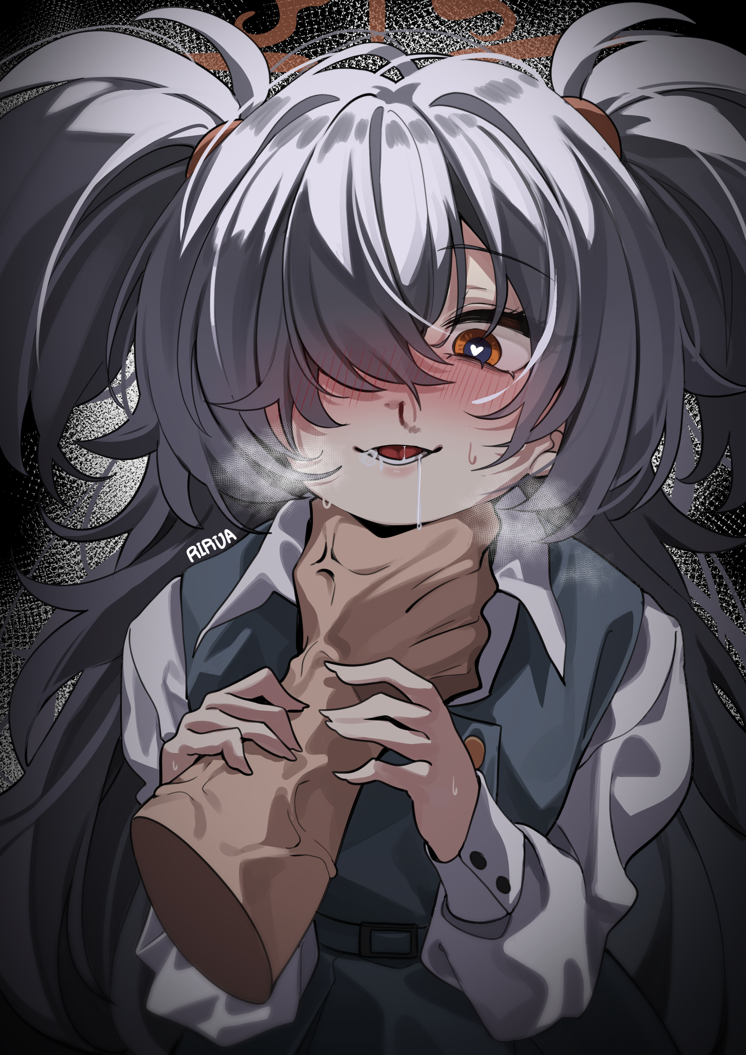 rirua (kjom802), kanoe (blue archive), blue archive, absurdres, commentary request, highres, korean commentary, 1boy, 1girl, bags under eyes, black dress, blush, brown eyes, brown halo, disembodied hand, dress, grey hair, hair over one eye, halo, heart, heart-shaped pupils, long hair, long sleeves, looking at viewer, lower teeth only, open mouth, pinafore dress, pov, puffy long sleeves, puffy sleeves, shirt, sleeveless, sleeveless dress, solo, strangling, symbol-shaped pupils, teeth, two side up, veins, wavy hair, white shirt