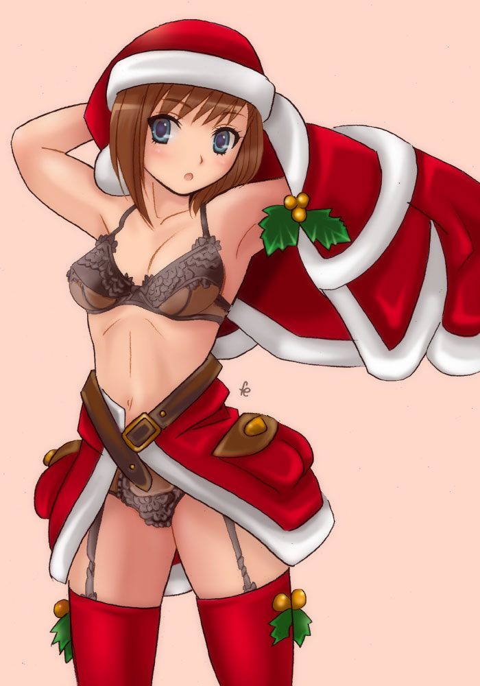 cloritin, final fantasy, final fantasy xi, 00s, 1girl, blue eyes, bra, brown hair, capelet, christmas, dressing, female focus, garter belt, hat, hume, lingerie, panties, santa costume, santa hat, short hair, simple background, solo, thighhighs, underwear