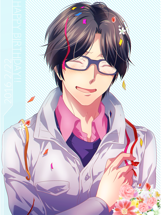 ikuhashi muiko, hidaka subaru, robotics;notes, science adventure, 1boy, ^ ^, black hair, black shirt, chuo tanegashima high school uniform, closed eyes, collared shirt, flower, glasses, hair over one eye, male focus, open collar, open mouth, school uniform, shirt, short hair, simple background, smile, solo, t-shirt, undershirt, upper body, white shirt