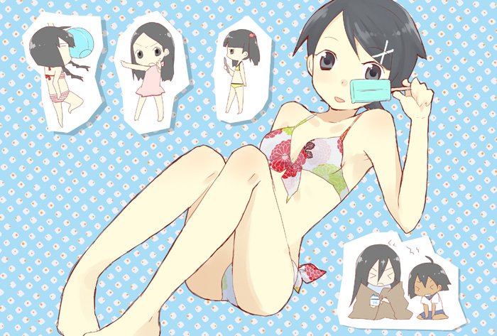 ecocube, eka eri, fuura kafuka, kitsu chiri, kobushi abiru, komori kiri, otonashi meru, sekiutsu maria tarou, sayonara zetsubou sensei, bad id, bad pixiv id, > <, 00s, 6+girls, ass, barefoot, bikini, black eyes, black hair, chibi, closed eyes, flat chest, food, multiple girls, popsicle, short hair, swimsuit
