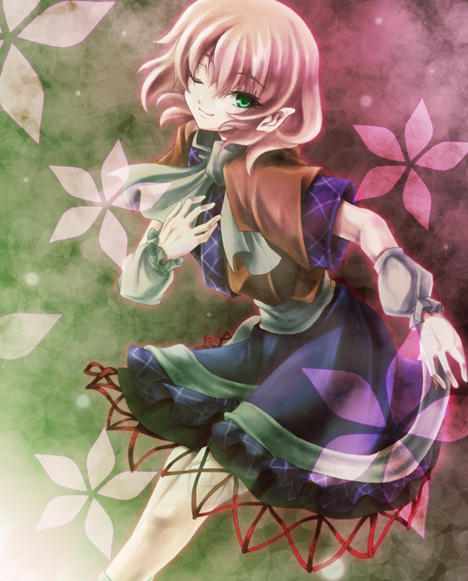 futami kito, mizuhashi parsee, touhou, eyebrows, bad id, bad pixiv id, 1girl, arm warmers, blonde hair, blue skirt, brown shirt, eyelashes, female focus, flower, gradient background, green eyes, grin, hand on own chest, one eye closed, pointy ears, scarf, shirt, short hair, skirt, skirt set, smile, solo, white scarf