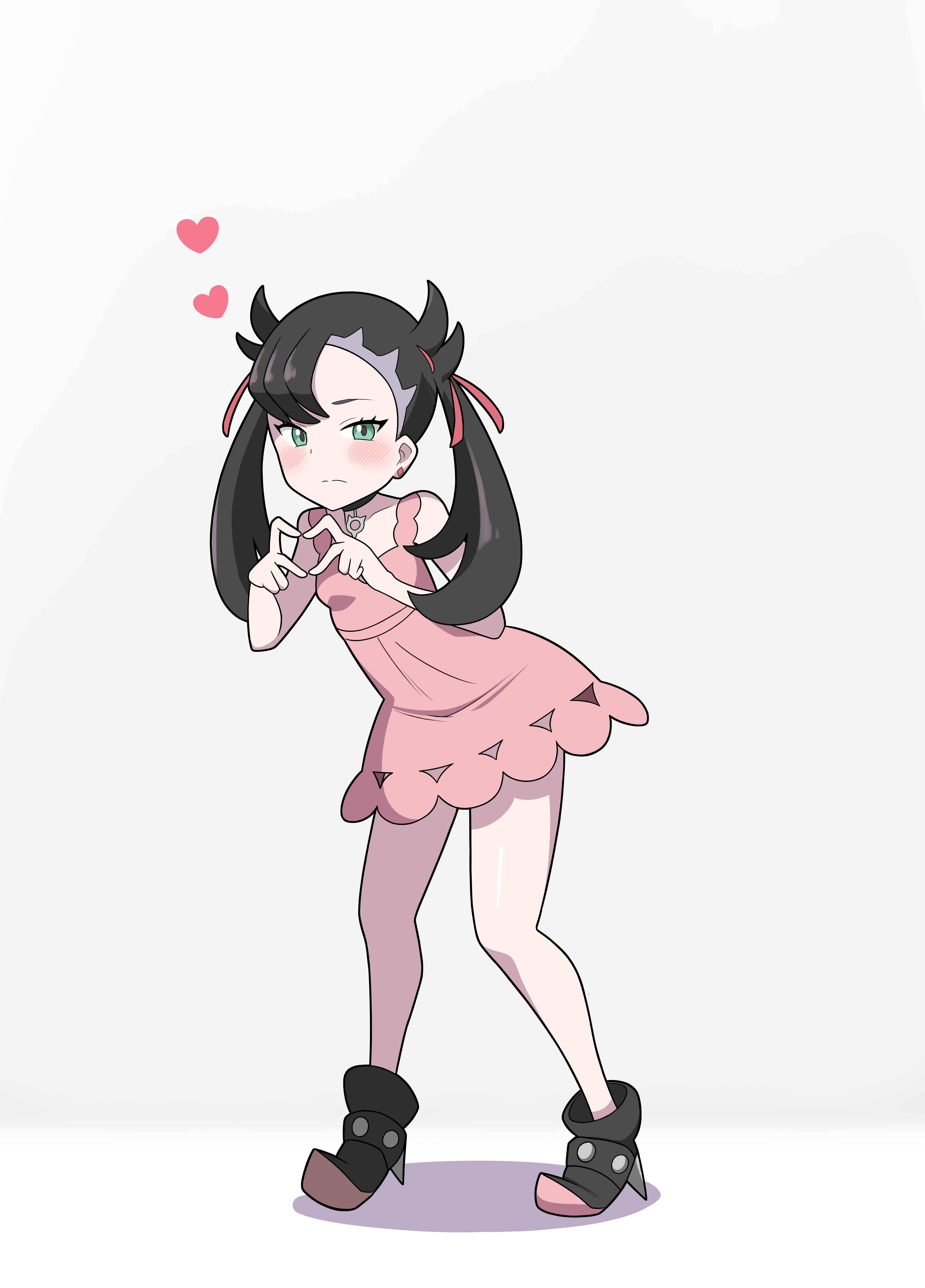 araki megami, marnie (pokemon), nintendo, pokemon, pokemon swsh, absurdres, highres, 1girl, asymmetrical bangs, bare legs, black boots, black choker, black hair, blush, boots, choker, closed mouth, dress, earrings, full body, green eyes, heart, heart hands, jewelry, long hair, looking at viewer, pink dress, red ribbon, ribbon, short dress, simple background, solo, standing, stud earrings, thighs, twintails, undercut, white background