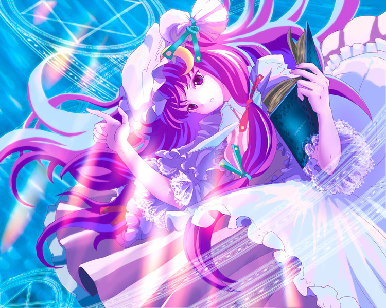 nanami sano, patchouli knowledge, touhou, 1girl, book, female focus, hat, hexagram, long hair, magic circle, purple hair, ribbon, solo