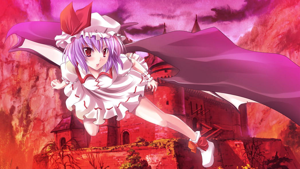 maki (seventh heaven maxion), remilia scarlet, touhou, bad id, bad pixiv id, 1girl, blue hair, female focus, flying, full body, hat, nature, outdoors, plant, ribbon, short hair, sky, solo, wings