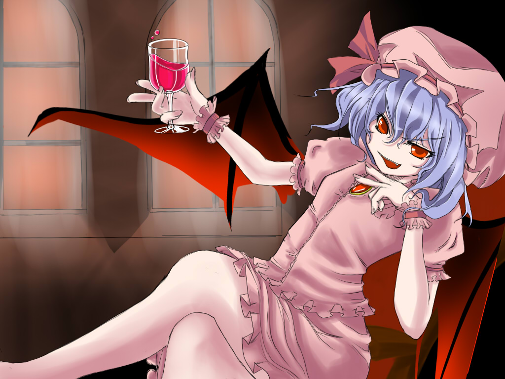 panda90, panda90 (pixiv), remilia scarlet, touhou, 1girl, alcohol, bat wings, blue hair, crossed legs, cup, drinking glass, female focus, glass, hat, ribbon, short hair, sitting, solo, wine, wine glass, wings