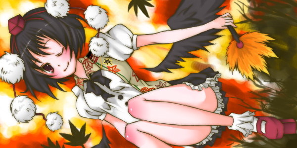 ayane (pixiv), shameimaru aya, touhou, bad id, bad pixiv id, 1girl, black hair, black wings, blush, female focus, geta, hand fan, hat, leaf, looking at viewer, one eye closed, red eyes, short hair, skirt, smile, solo, tengu-geta, wings, wink