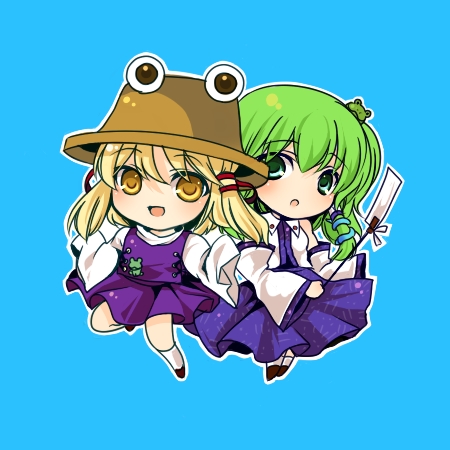 n-mix, kochiya sanae, moriya suwako, touhou, bad id, bad pixiv id, lowres, 2girls, blonde hair, chibi, female focus, full body, green hair, hat, japanese clothes, long hair, miko, multiple girls, ribbon, short hair, simple background, skirt