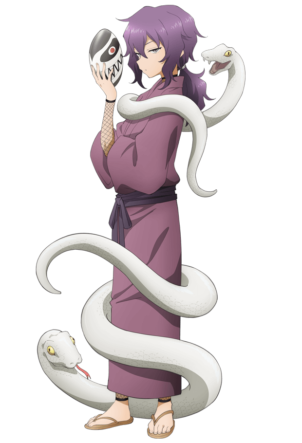 okuda yousuke, kunoichi tsubaki no mune no uchi, official art, 1girl, anime coloring, breasts, closed mouth, crossed arms, fishnet sleeves, fishnets, from side, full body, hair between eyes, hana-sensei (kunoichi tsubaki no mune no uchi), hand up, holding, holding mask, japanese clothes, kimono, long hair, long sleeves, looking at viewer, mask, profile, purple eyes, purple hair, purple kimono, purple sash, sash, sidelocks, simple background, small breasts, snake, solo, standing, tachi-e, transparent background, unworn mask, v-shaped eyebrows, waraji, white snake, wide sleeves