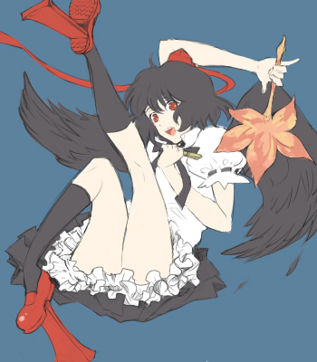 sabata yuki, tori (driftwood), shameimaru aya, touhou, bad id, bad pixiv id, lowres, 1girl, black hair, black wings, female focus, geta, hat, looking at viewer, open mouth, pen, short hair, skirt, solo, tengu-geta, wings