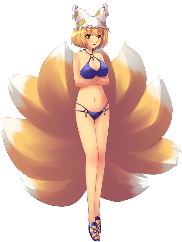 tdk, yakumo ran, touhou, 1girl, animal ears, bikini, blonde hair, blue bikini, female focus, fox ears, fox tail, full body, hat, short hair, simple background, solo, swimsuit, tail