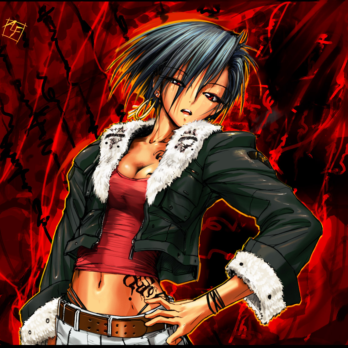 alf874, bad id, bad pixiv id, 1girl, artist logo, breasts, cleavage, earrings, female focus, jacket, jewelry, logo, medium breasts, midriff, red eyes, solo, tattoo