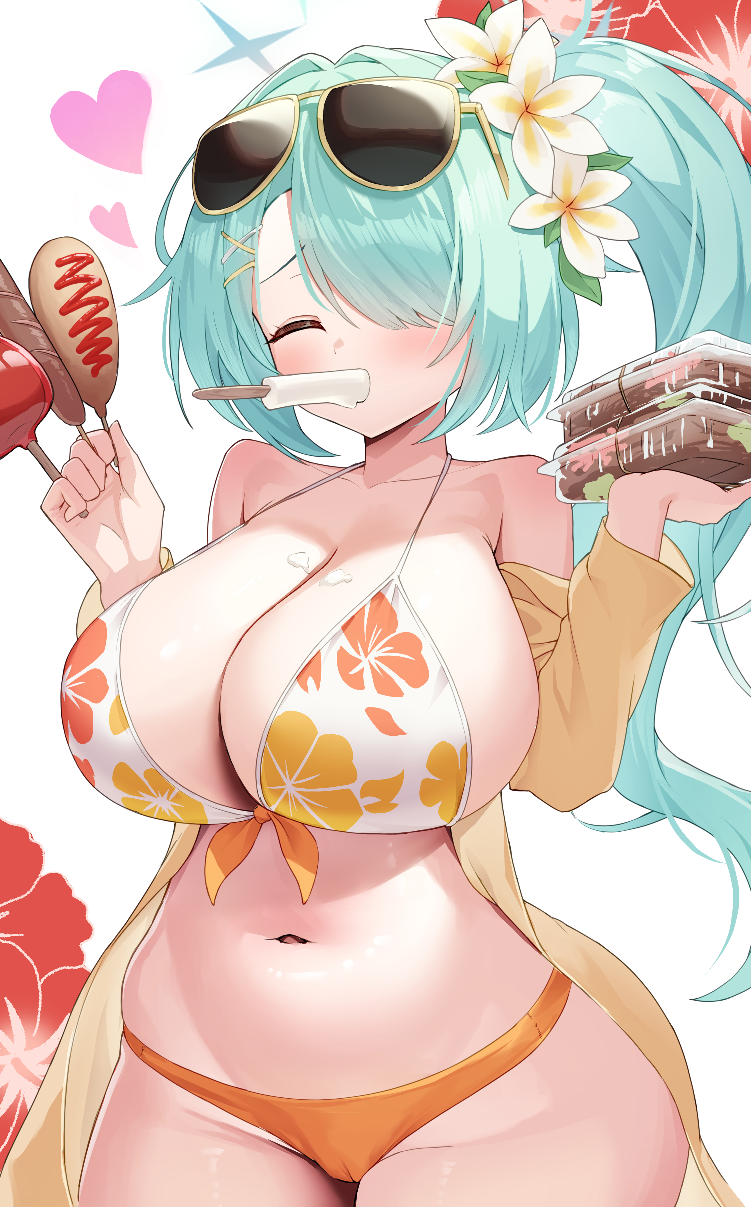 humo, hiyori (blue archive), hiyori (swimsuit) (blue archive), blue archive, absurdres, highres, 1girl, aqua hair, bikini, breasts, cleavage, closed eyes, eyewear on head, floral print bikini, flower, food, food in mouth, green halo, hair flower, hair ornament, hair over one eye, halo, heart, holding, holding food, large breasts, multicolored bikini, navel, official alternate costume, orange bikini, popsicle, popsicle in mouth, side ponytail, solo, sunglasses, swimsuit, white bikini, yellow-framed eyewear